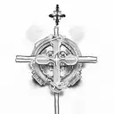 a cross with rosary hanging for forearms  tattoo design idea