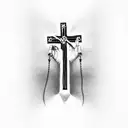a cross with rosary hanging for forearms  tattoo design idea