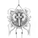 a cross with rosary hanging for forearms  tattoo design idea
