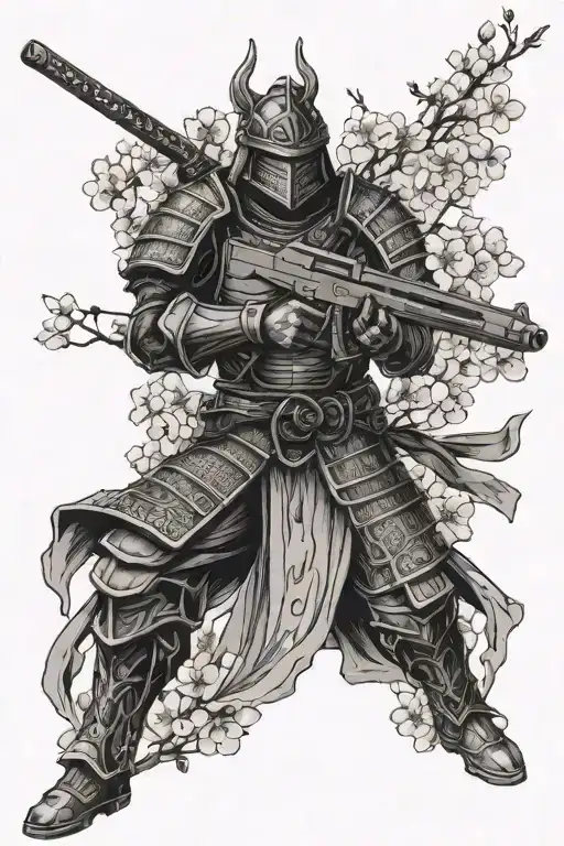 Gothic Samurai Knight with an AK 47 in front of a cherry blossom tree with a castle in the background  tattoo design idea