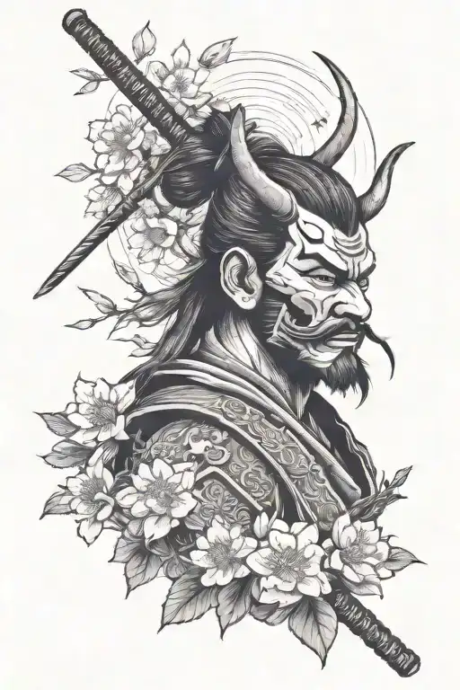 Samurai with Cherry blossom tree under the night sky with oni mask, stoic  tattoo design idea