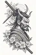Samurai with Cherry blossom tree under the night sky with oni mask, stoic  tattoo design idea