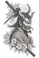 Samurai with Cherry blossom tree under the night sky with oni mask, stoic  tattoo design idea