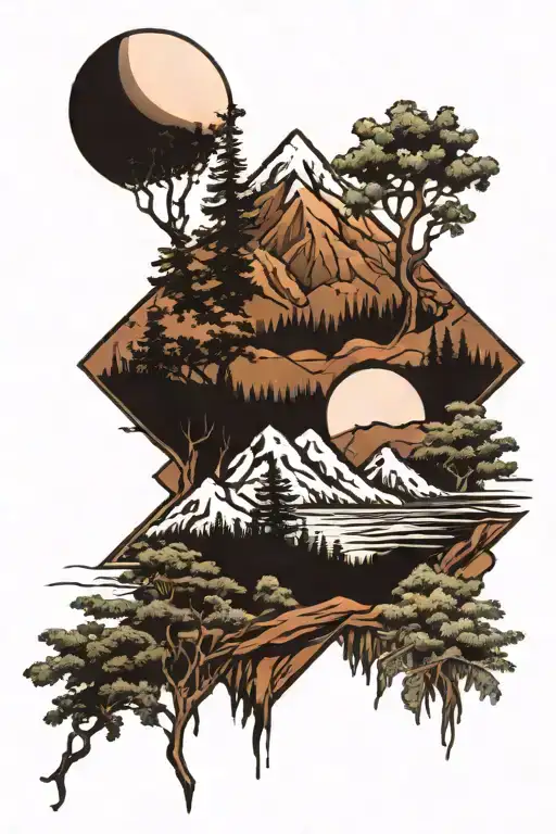 mountains, trees, ocean tattoo design idea