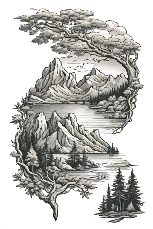 mountains, trees, ocean tattoo design idea