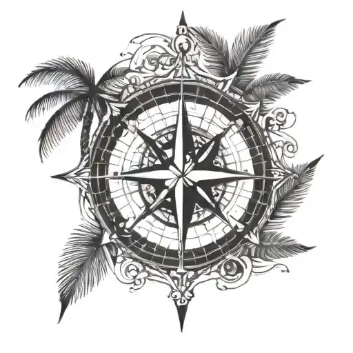 A nautical compass rose intertwined with a palm tree, symbolizing your love for boating and beaches tattoo design idea