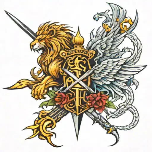 Sword and lion and phoenix tattoo design idea