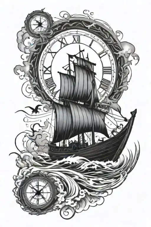 Viking ship sailing through storm with lighting and Norse clock with crows flying tattoo design idea