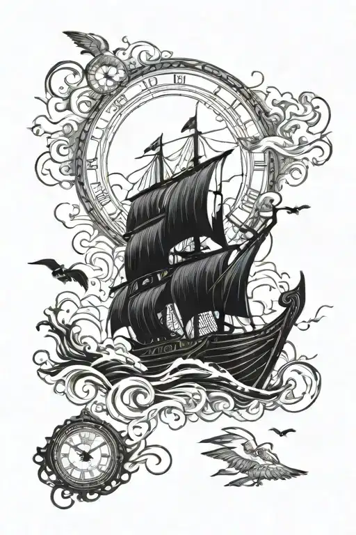 Viking ship sailing through storm with lighting and Norse clock with crows flying tattoo design idea