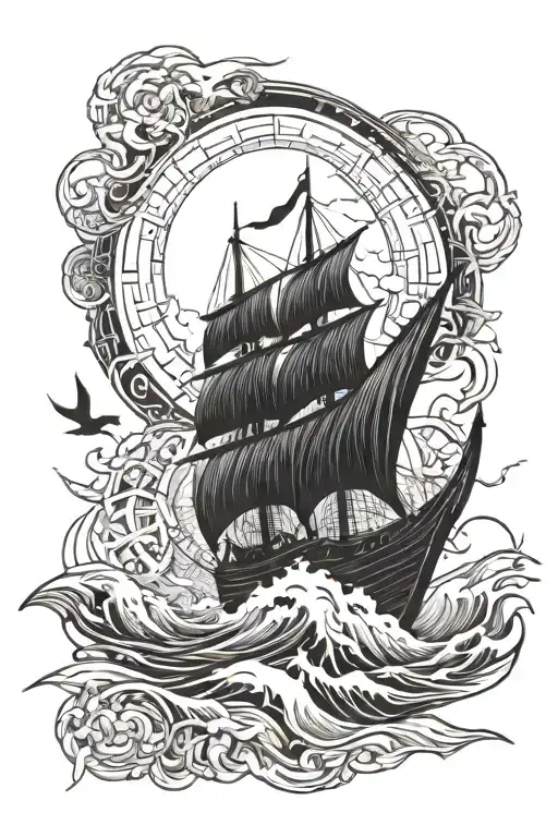 all black Viking style tattoo. Viking ship sailing into storm with lighting, large Viking style crow, Viking runes tattoo design idea
