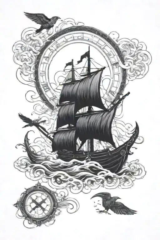 all black Viking style tattoo. Viking ship sailing into storm with lighting, large Viking style crow, Viking runes tattoo design idea