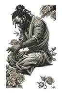 Black samurai with dreadlocks meditating in rose garden tattoo design idea