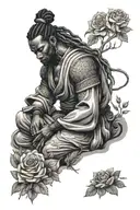 Black samurai with dreadlocks meditating in rose garden tattoo design idea