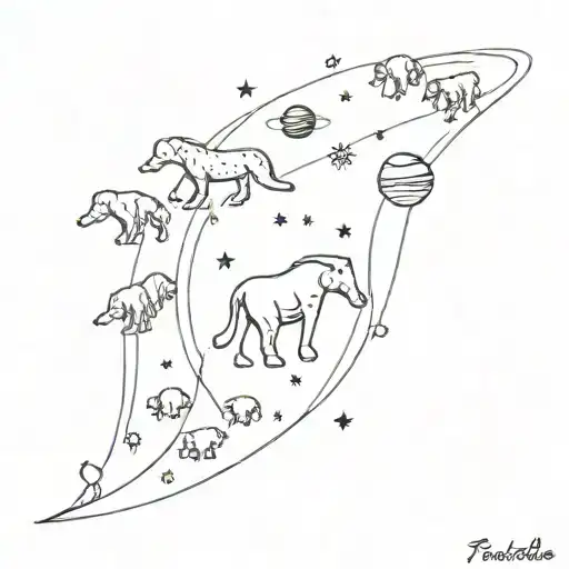 A galaxy filled with planets and stars shaped like different animals tattoo design idea
