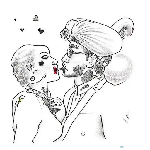a man and woman kissing, dressed nicely with traditional flowers around the. tattoo design idea