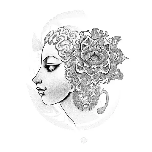 Trippy buddha head spiraled with a garden of flower growing from the hair tattoo design idea