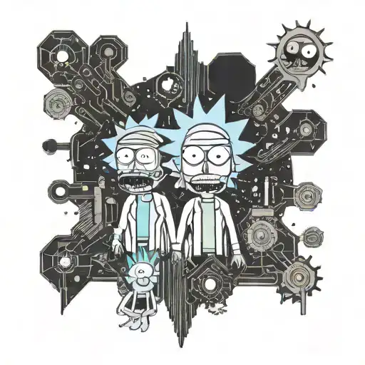 A computer motherboard design with hidden Rick and Morty characters tattoo design idea