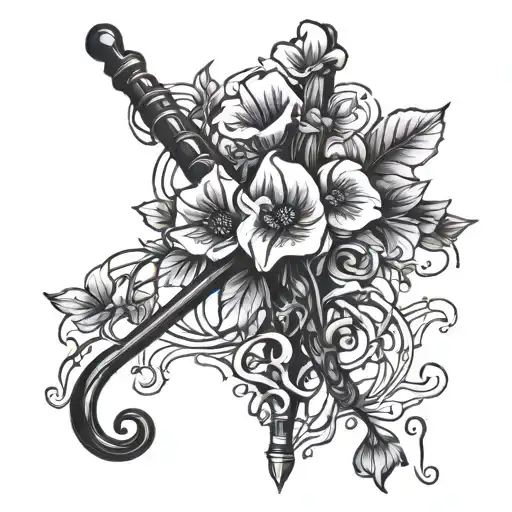 A blackwork tattoo of a sleek cue stick entwined with vines of violet flowers, representing the client's dedication to pool and appreciation for beauty in finance tattoo design idea
