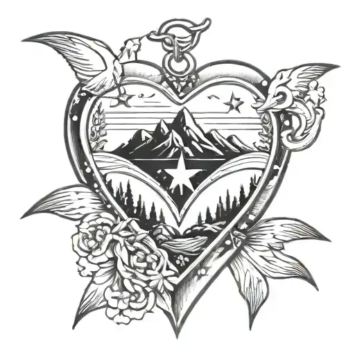 Three mountains and three stars in a heart shaped locket tattoo design idea