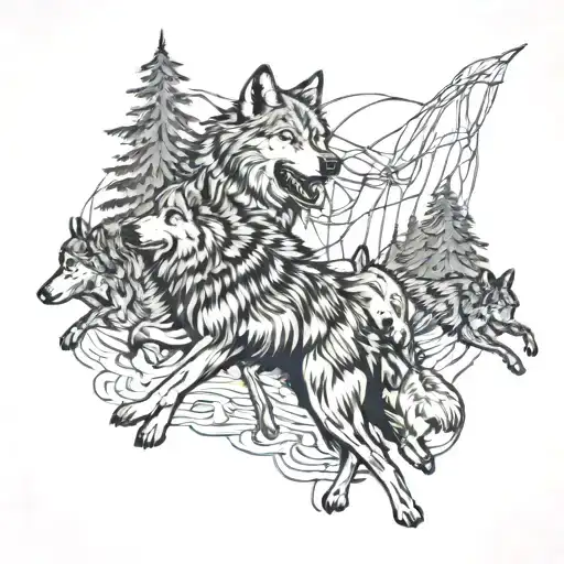 A pack of wolves running through a forest, with subtle elements of electrical wiring in the background, blending the client's love for dogs with their occupation as an electrician tattoo design idea