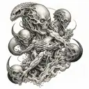 A mashup of the creation of Adam painting and aliens in a surreal and dream-like composition tattoo design idea