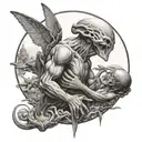 A mashup of the creation of Adam painting and aliens in a surreal and dream-like composition tattoo design idea