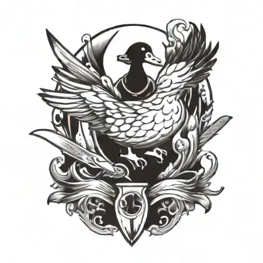 a duck holding a knife and saying hi tattoo design idea