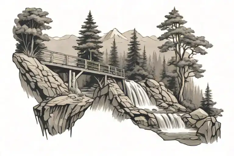 trail running waterfall bridge tattoo design idea