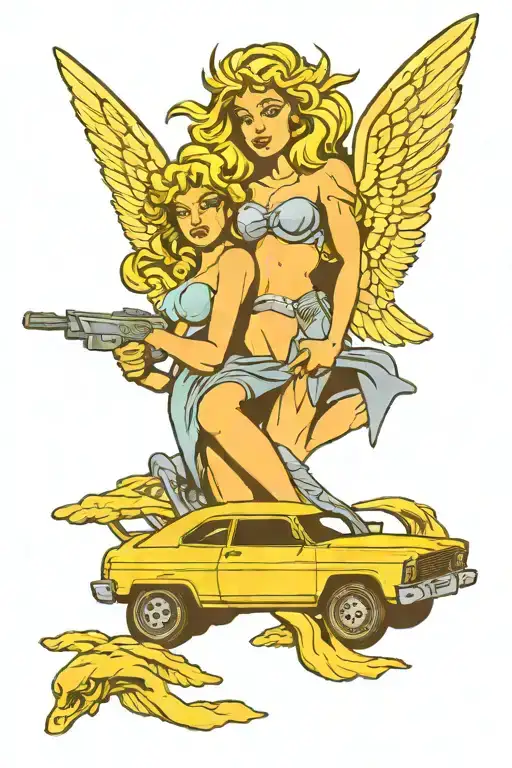 80s cars angels tattoo design idea