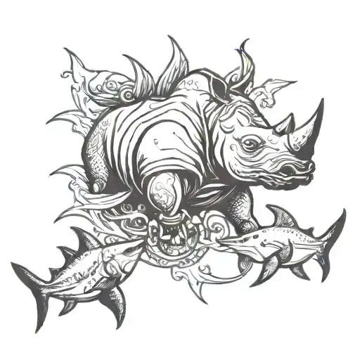 rhino and shark surrounded tattoo design idea