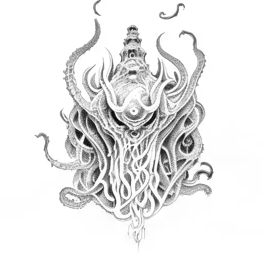 lovecraft-style creature, minimalistic, handpoke tattoo design idea