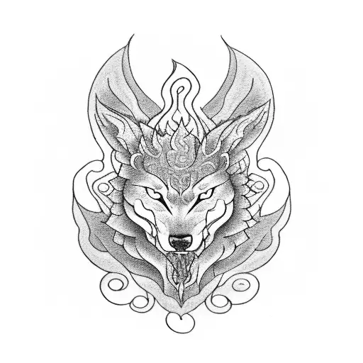 A blackwork tattoo of a mythical creature, half dragon and half wolf, surrounded by lush forest scenery tattoo design idea