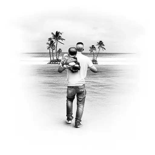 forearm tattoo of beach scenery with father carrying his son on his shoulders saying "you never walk alone" tattoo design idea