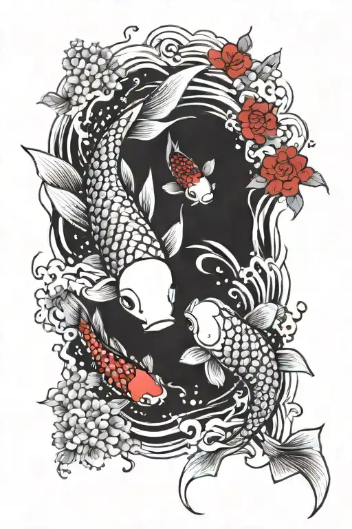 2 Japanese koi fish swimming upstream, 1 red koi, 1 black koi, with splashing water effect tattoo design idea