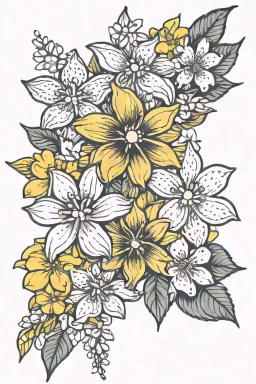  a bouquet with a pink plumeria, a yellow daffodil, a white daisy, a yellow sunflower, a white dogwood, and edelweiss  tattoo design idea