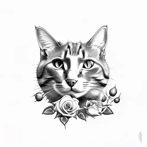 cat With Roses and bold lines tattoo design idea