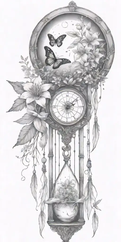 An hourglass moon dream catcher filled with lilies and butterflies Queen Anne's lace  nature tears broken depressed tattoo design idea