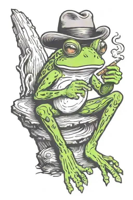 frog sitting on a log fishing smoking a joint  tattoo design idea