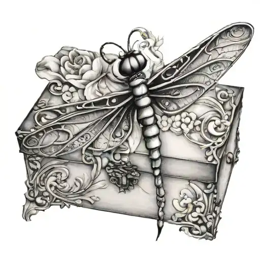 A jewelry box with a dragonfly design on top tattoo design idea
