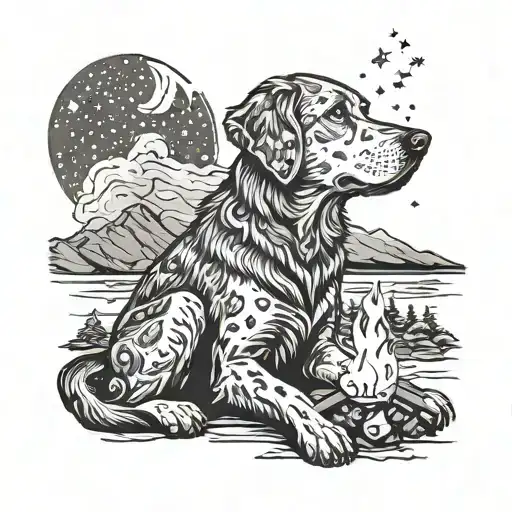 A black-grey tattoo of a loyal dog sitting by a campfire under a starry night sky tattoo design idea