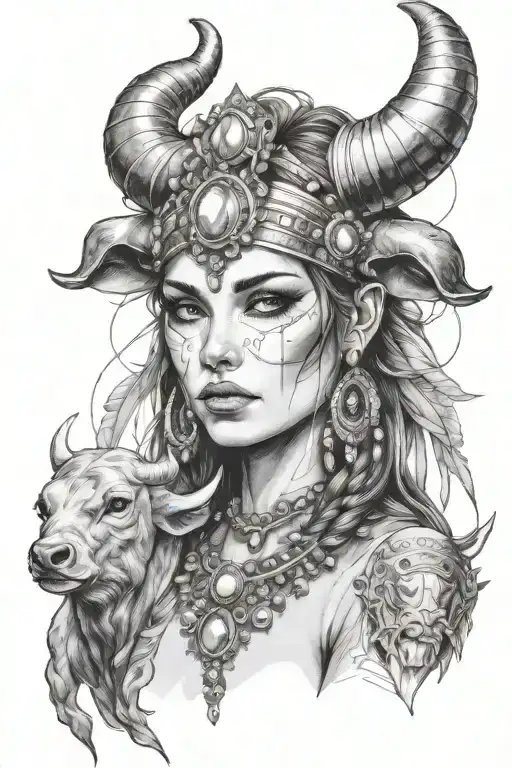 Woman with jeweled headdress and glossy eyes and bull horns tattoo design idea