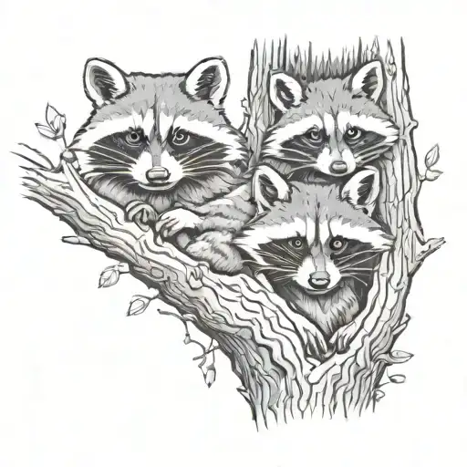 racoons looking out of a hole tree inside tattoo design idea