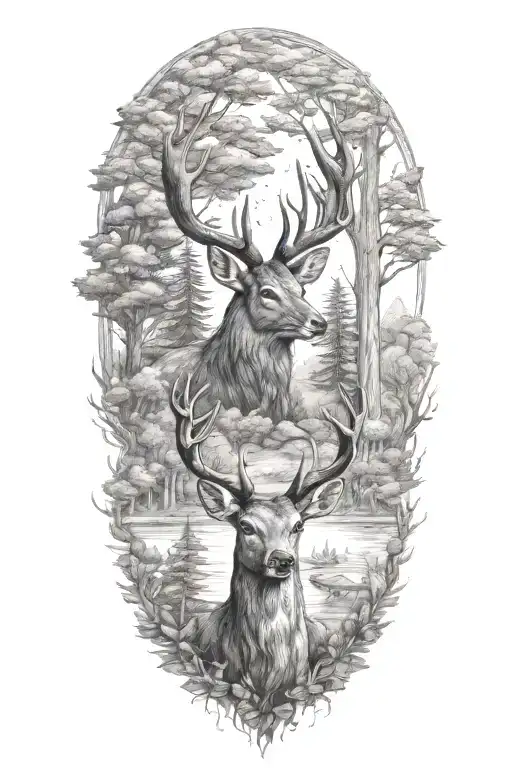 family of deer head with trees tattoo design idea
