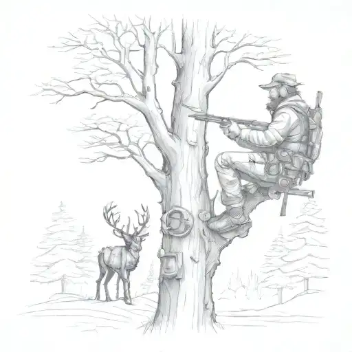 man in a treestand bow hunting scene tattoo design idea