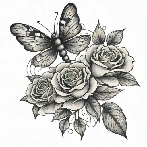 roses and a dragonflies flying tattoo design idea