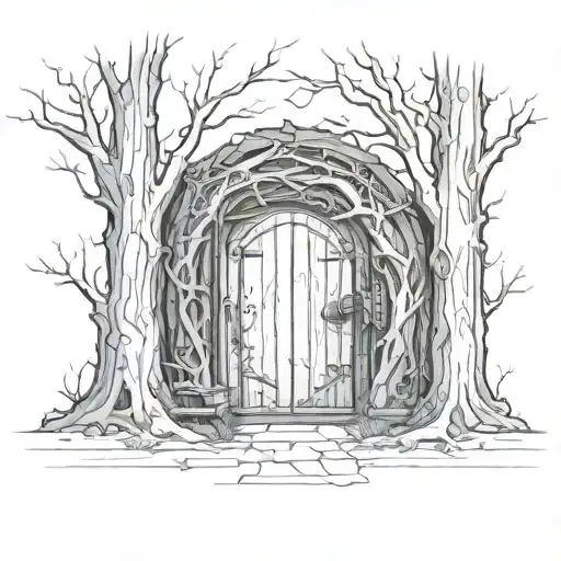 depressive, hidden hobbit door in a dark forest, crooked trees tattoo design idea