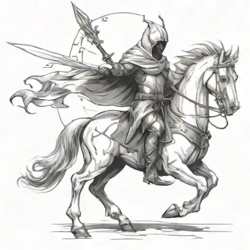 a hooded knight wielding a fire sword while riding a Capricorn  tattoo design idea