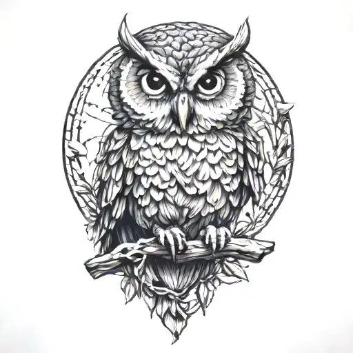 owl perched on a branch tattoo design idea