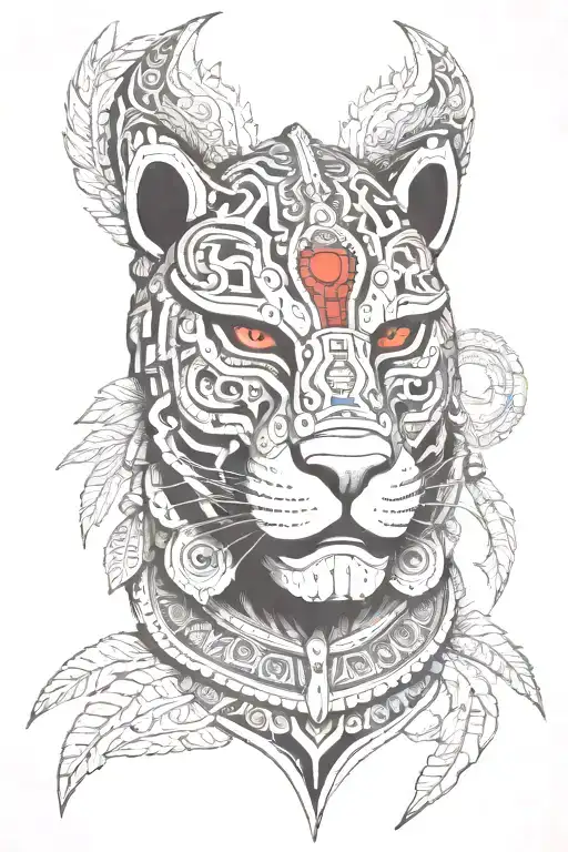 Mayan jaguar warrior mask red line in the eyes obscured view tattoo design idea