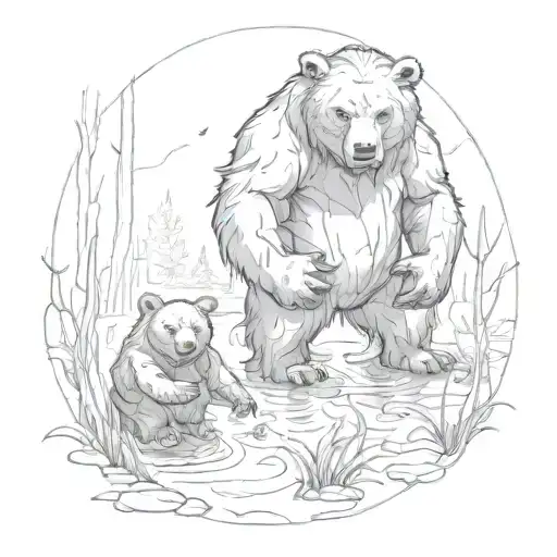  young bear in swamp monster coming together tattoo design idea